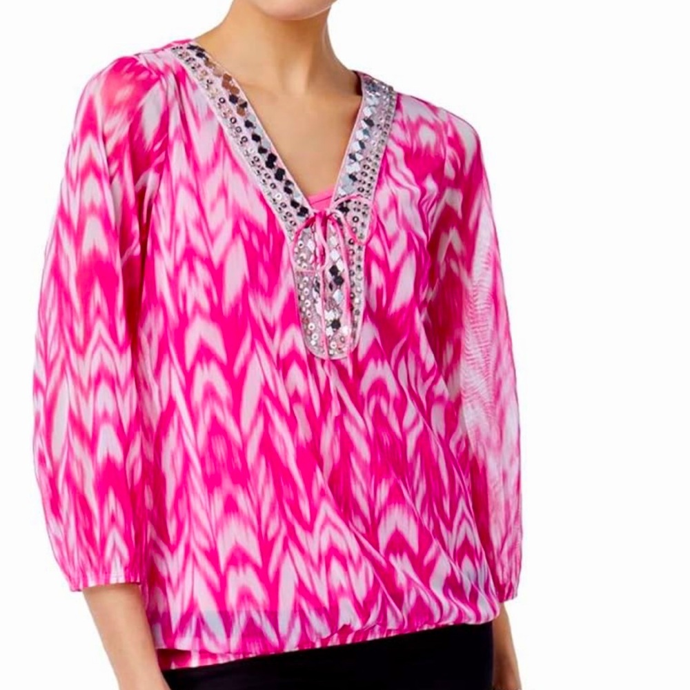International Concept INC Pink & White Printed Lace Up Embellished Peasant Top